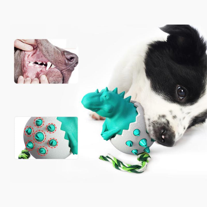 Close-up of textured dinosaur egg dog chew toy, designed for stimulating play and good dog dental hygiene.