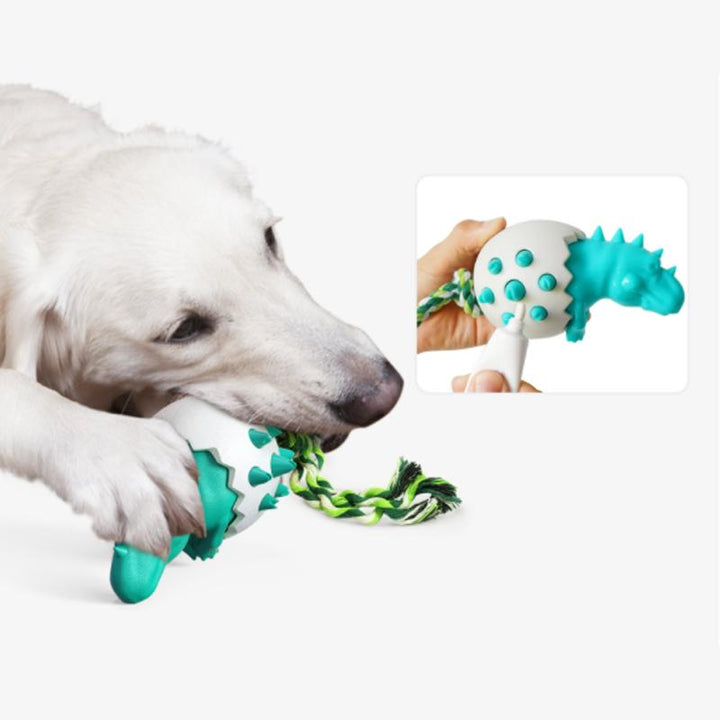 Puppy playing with a red dinosaur egg chew toy, emphasizing its durability and suitability for young dogs.
