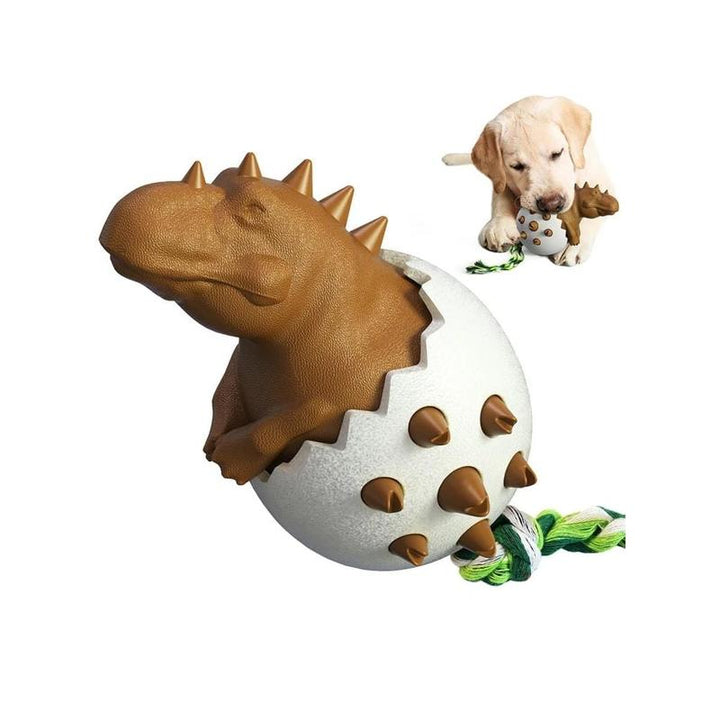Dinosaur egg chew toy in a pet store setting, a popular choice among durable dog toys for pet owners.