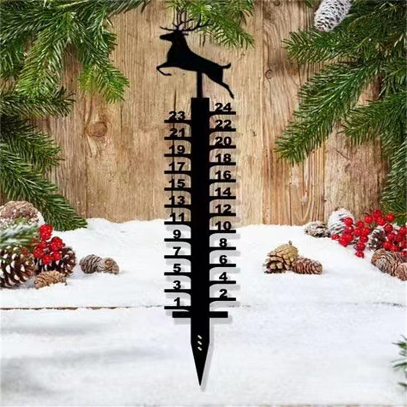 Garden snowfall measurement tool, rustic metal design, ideal for monitoring winter weather