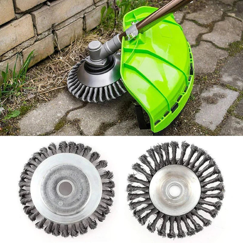 Durable steel wire trimmer head for efficient weed removal in gardens.