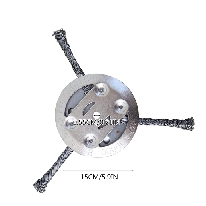 Powerful steel wire trimmer attachment, specifically for heavy-duty weed removal.