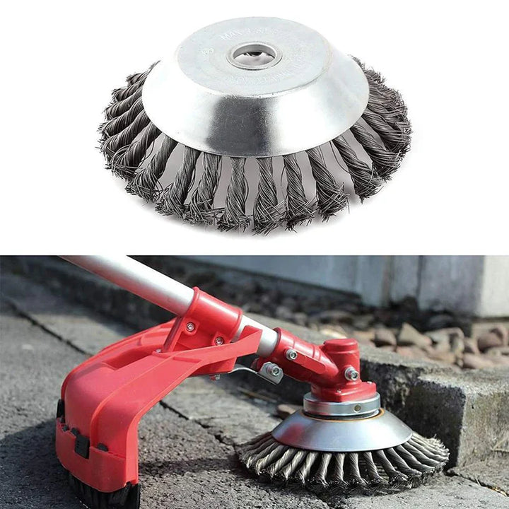Efficient steel wire brush cutter head, transforming your trimmer into a powerful cleaning tool.