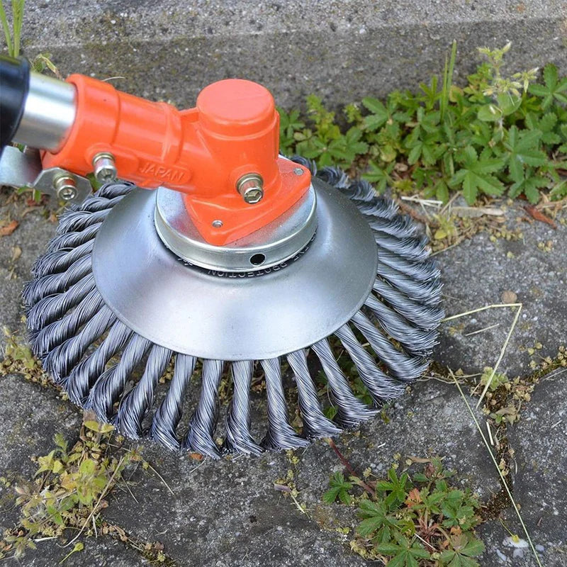 Universal steel wire brush cutter attachment for tough weed and moss removal.