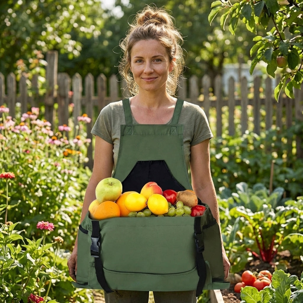 Green canvas garden work apron for unisex use, featuring tool organizer pockets, perfect for outdoor planting.