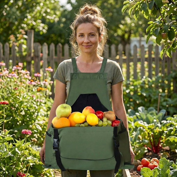 Green canvas garden work apron for unisex use, featuring tool organizer pockets, perfect for outdoor planting.