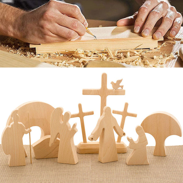 Handcrafted wooden Easter Resurrection Scene, Christian religious decor for festival and home setting.