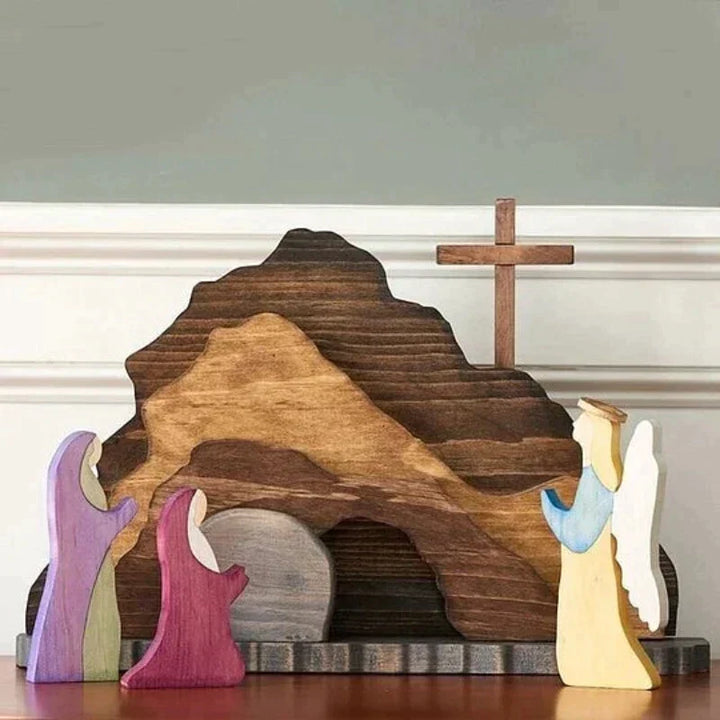 Detailed wooden Easter Resurrection Scene, religious festival decor, a Christian centerpiece for home.