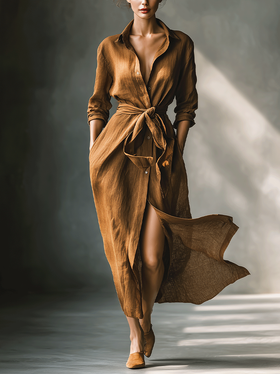 Effortless women's brown V-neck maxi shirt dress with long sleeves & tie waist, perfect for autumn style.