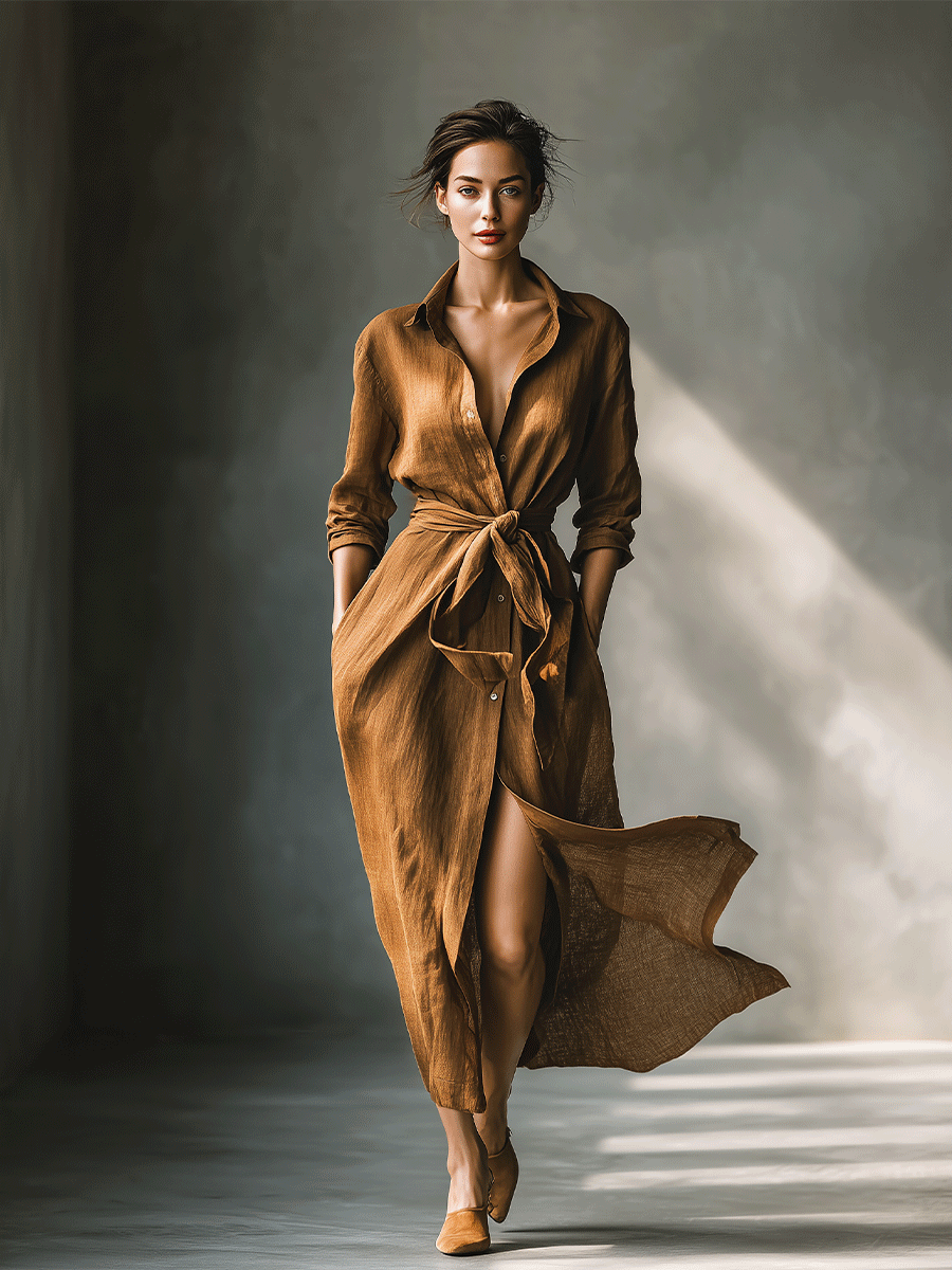 Elegant brown women's maxi shirt dress featuring a flattering V-neck, tie waist, and long sleeves.