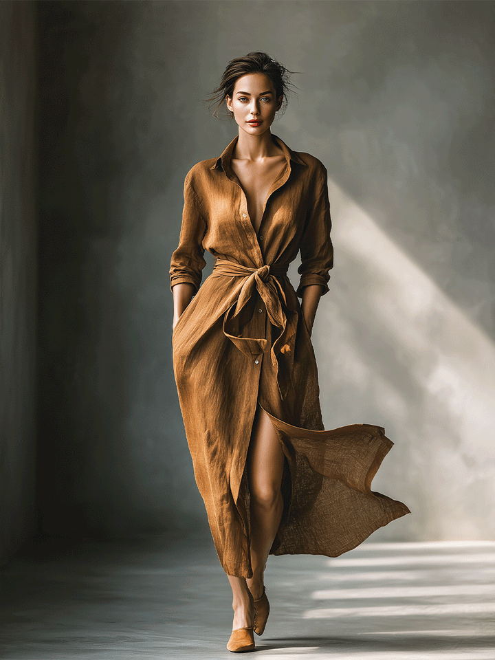 Elegant brown women's maxi shirt dress featuring a flattering V-neck, tie waist, and long sleeves.