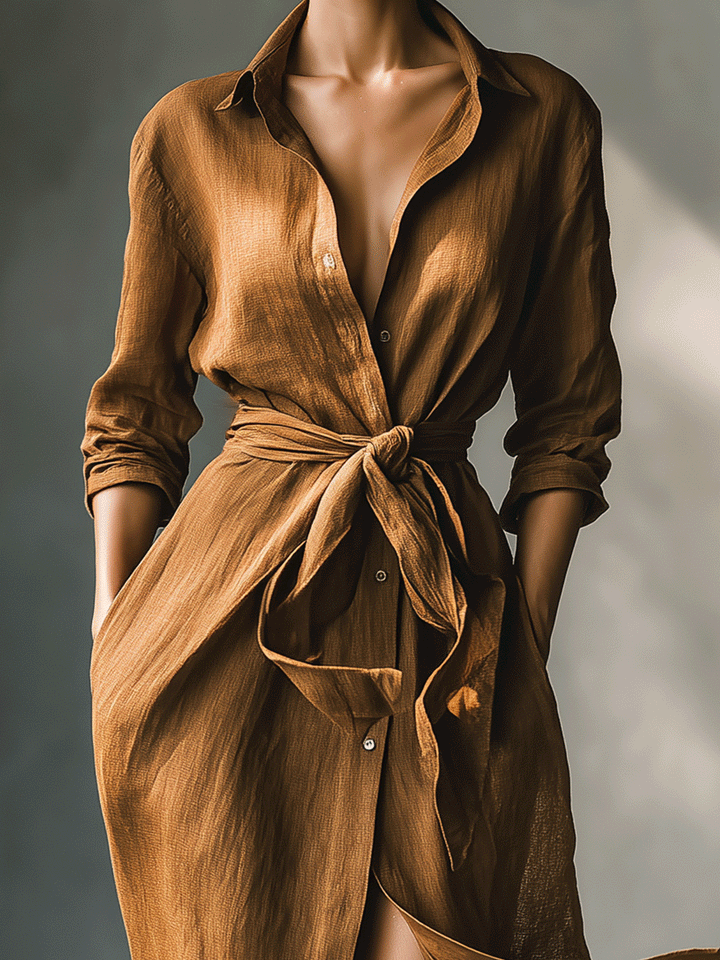 Casual women's brown long sleeve V-neck maxi dress with a stylish tie waist, ideal for versatile wear.