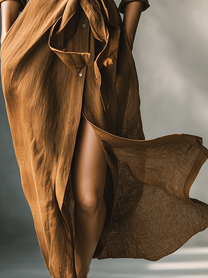 Stylish women's brown maxi shirt dress, V-neck, tie waist, and long sleeves, for a chic autumn look.