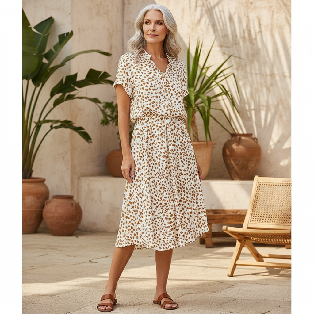 Effortless women's printed summer midi dress, perfect for casual wear or vacation. Flowy and elegant.