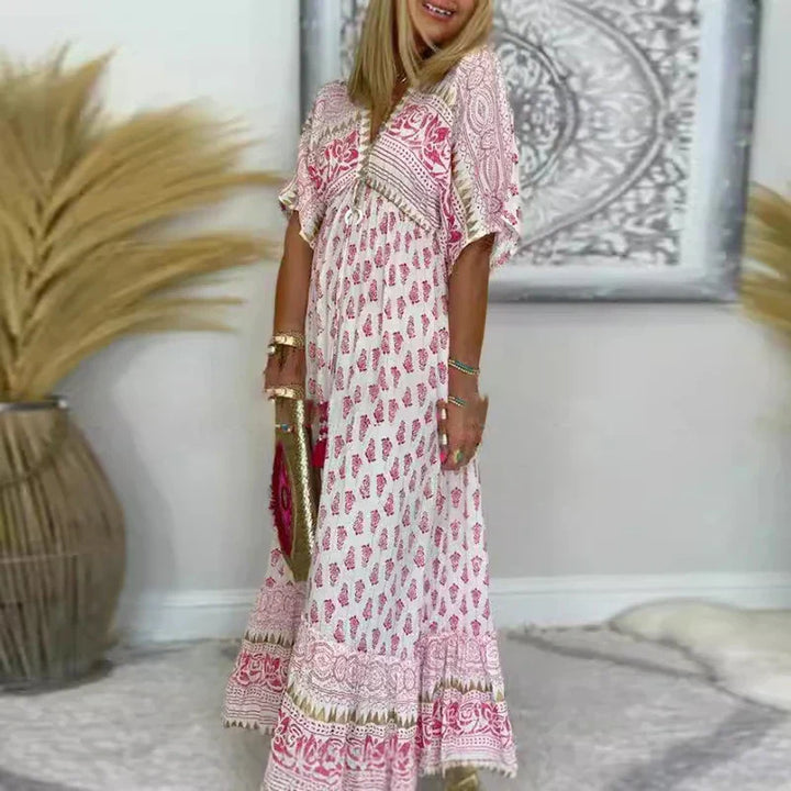 Effortlessly chic women's boho print maxi dress with a flowing silhouette and elegant V-neck, perfect for summer.