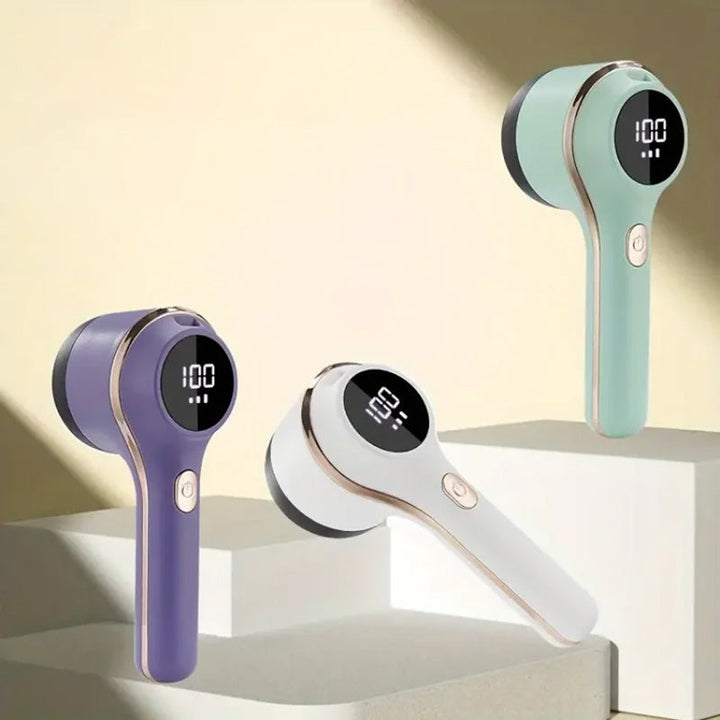 Electric lint remover with USB charging cable, highlighting its cordless and rechargeable feature