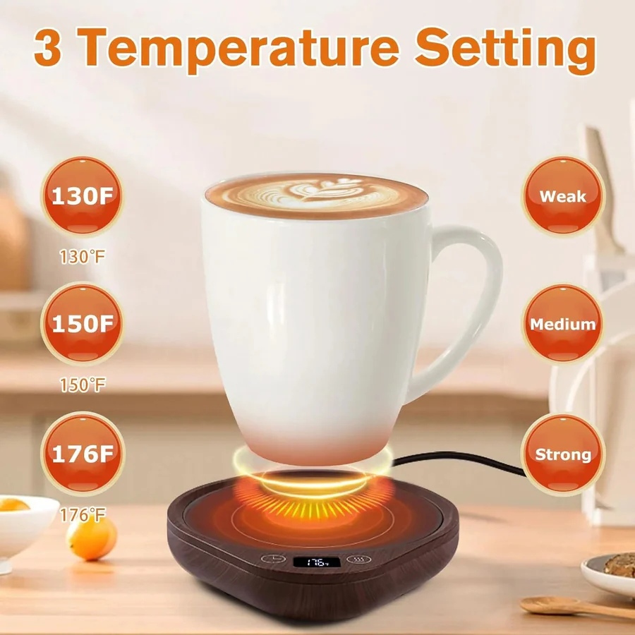 Compact electric drink warmer for desk, ensures your coffee or tea stays hot all day long in home or office.