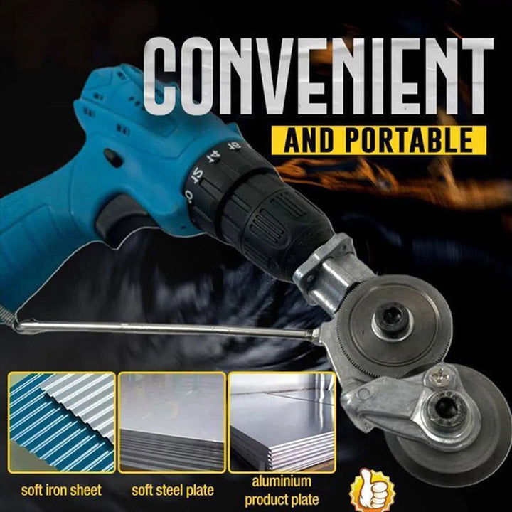 Electric drill shear attachment for metal cutting, converting drill into powerful sheet metal nibbler.