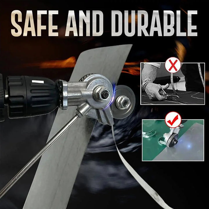 Metal cutting drill attachment, transforms electric drill into a robust sheet metal shear for DIY.