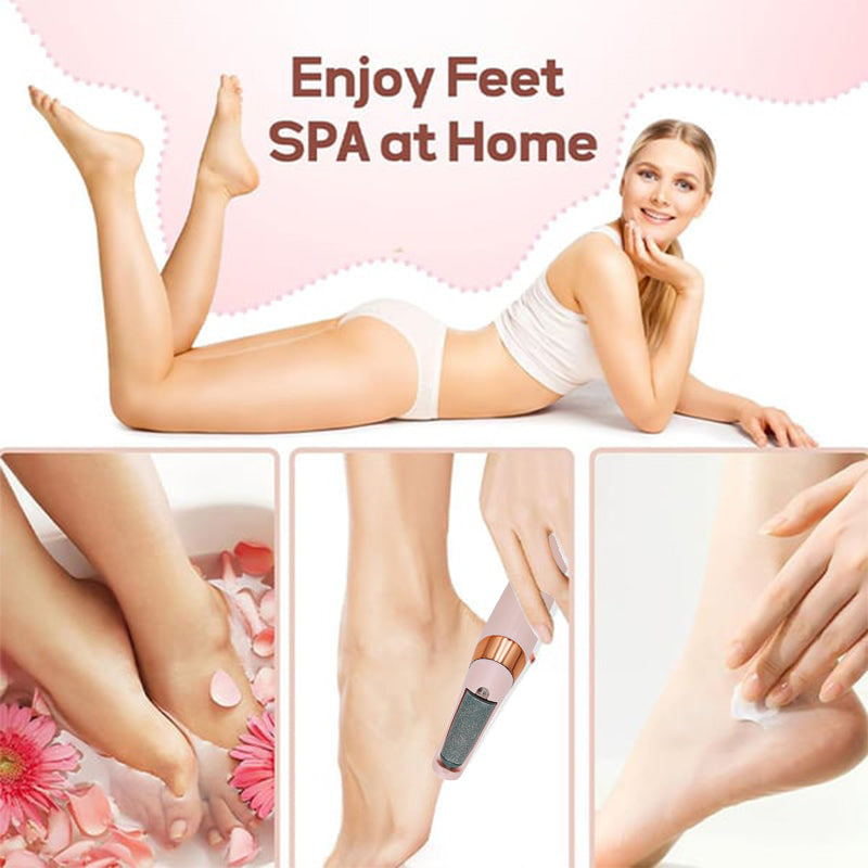 Packaging for electric foot smoother, highlighting features & benefits for home foot care