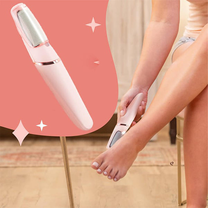 Close-up of electric foot smoothing callus remover head, showing abrasive surface for exfoliation