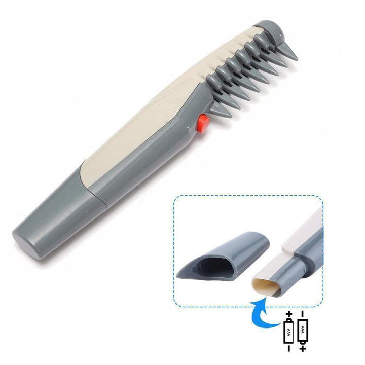 Close-up of electric cat grooming tool, showing fine teeth for knot removal and pet comfort