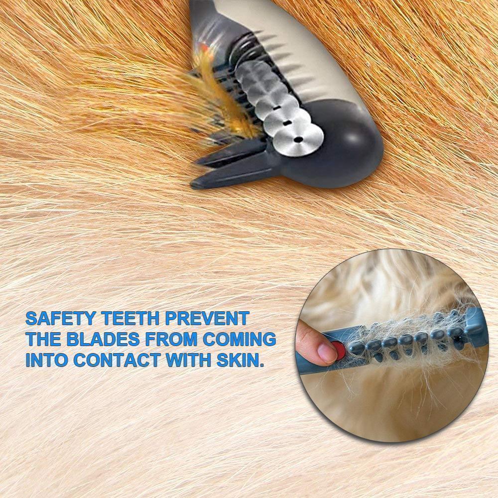 Pet owner using electric grooming comb on a fluffy dog, illustrating tangle remover function
