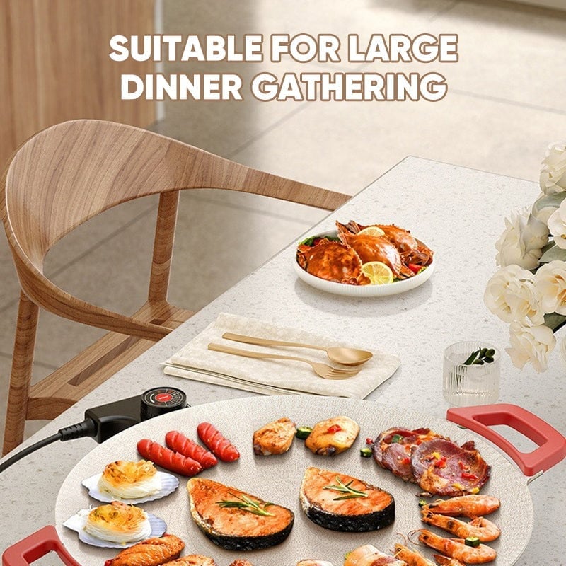 Electric smokeless indoor grill with temperature control for healthy home cooking and BBQ.