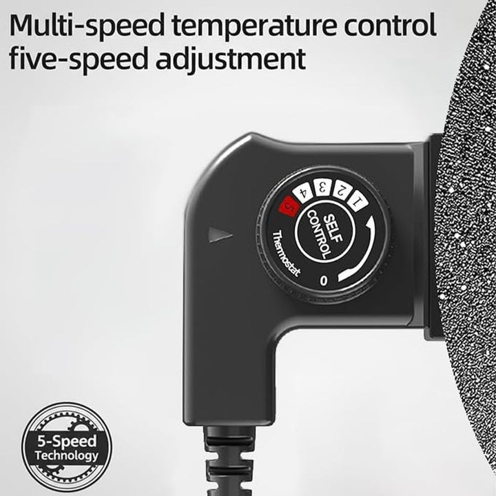 Close-up of the smokeless electric grill's non-stick surface and temperature control dial.