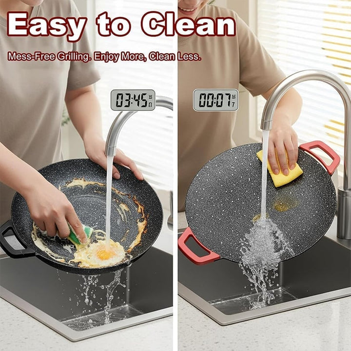 Electric smokeless grill with various foods cooking, highlighting its indoor BBQ capabilities.