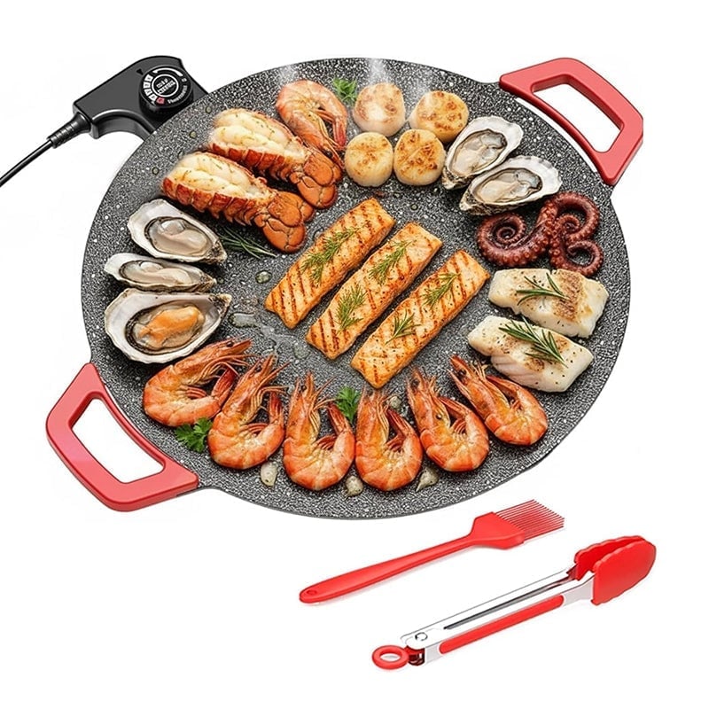 Side view of the compact non-stick electric grill, great for small kitchens.