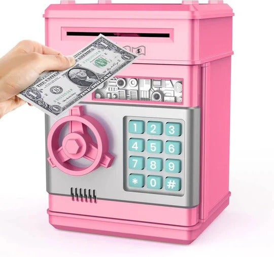 Kids' interactive electronic ATM money bank with secure code lock for fun cash & coin savings.