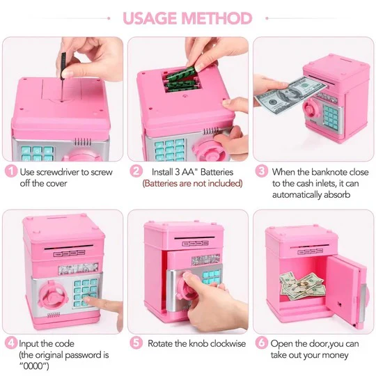 Secure children's electronic piggy bank with code lock, encouraging smart savings habits for cash & coins.