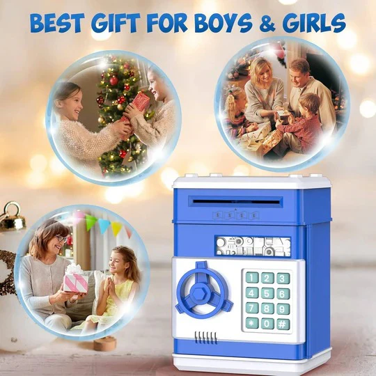 Interactive children's ATM piggy bank, designed to make saving cash and coins fun with a digital code lock.
