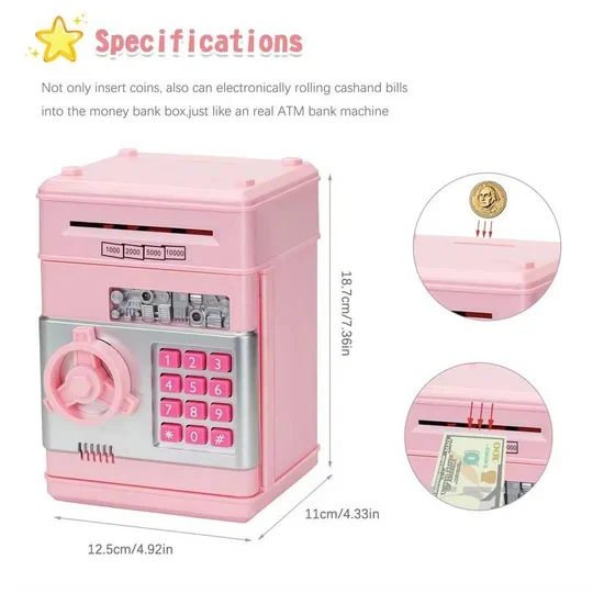 Bright, durable electronic piggy bank for kids, an ATM toy with a secure code lock for teaching money saving.