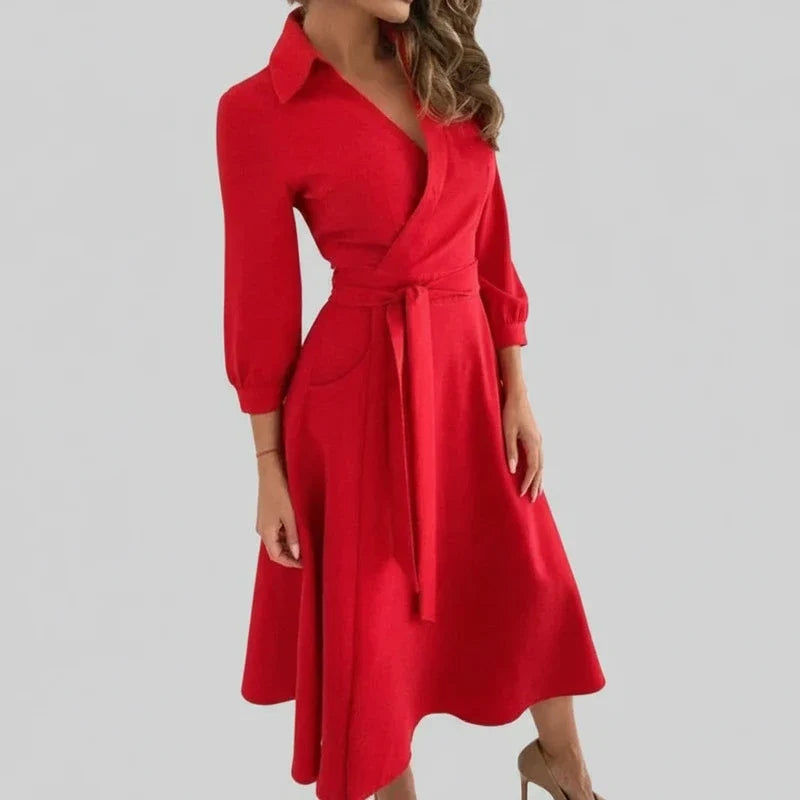 Elegant A-line midi dress with belt & V-neck for women. Versatile spring/summer fashion.