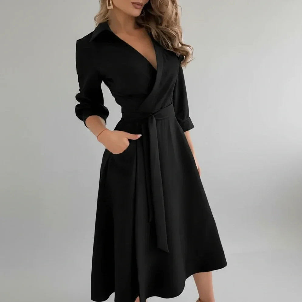 Women's A-line midi dress, belted V-neck. Elegant 3/4 sleeve spring/summer casual dress.