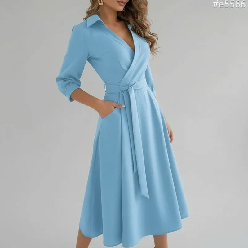 Women's belted A-line midi dress, 3/4 sleeve, V-neck. Perfect for elegant casual style.