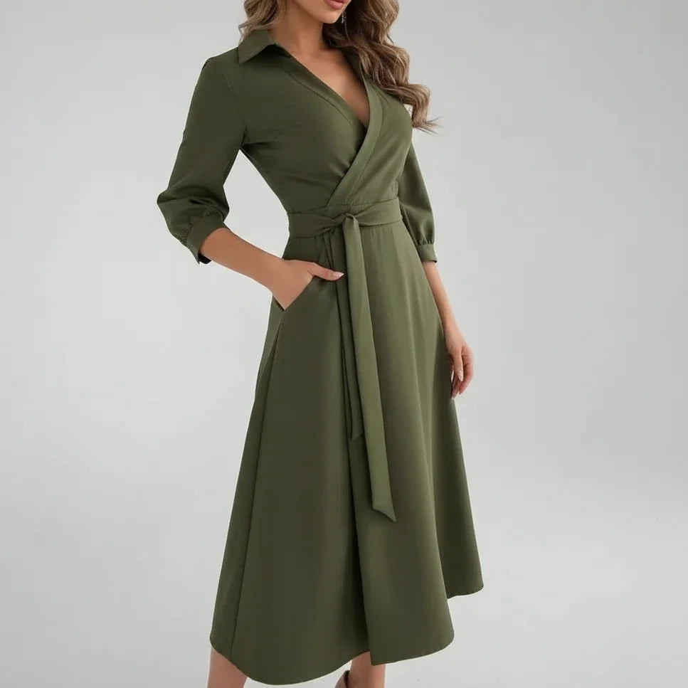 Stylish women's A-line midi dress with belt. Perfect V-neck spring/summer elegant casual wear.