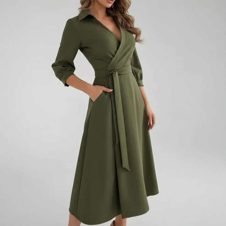 Stylish women's A-line midi dress with belt. Perfect V-neck spring/summer elegant casual wear.
