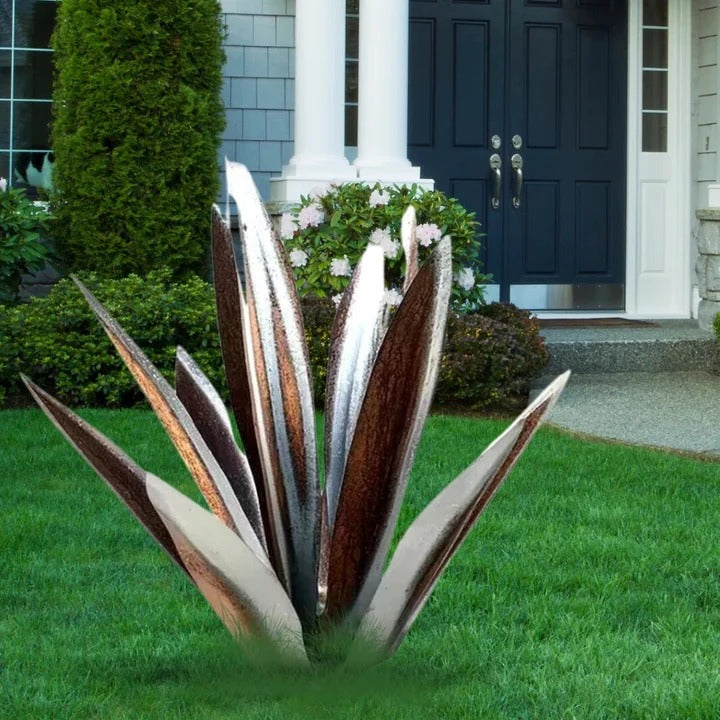 Modern metal agave art sculpture, a contemporary botanical accent for garden & home decor. Unique.