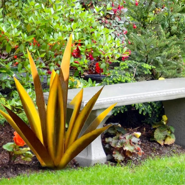 Lifelike metal agave plant sculpture, beautiful botanical-inspired outdoor garden & patio decor.