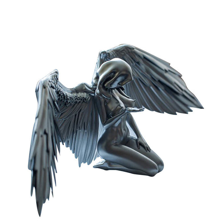 Resin angel statue with prominent wings, kneeling gracefully as a home decor item