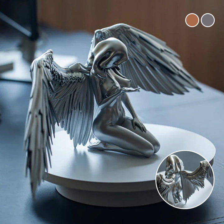 Front view of an elegant angel wings kneeling figure, suitable as a gift or ornament