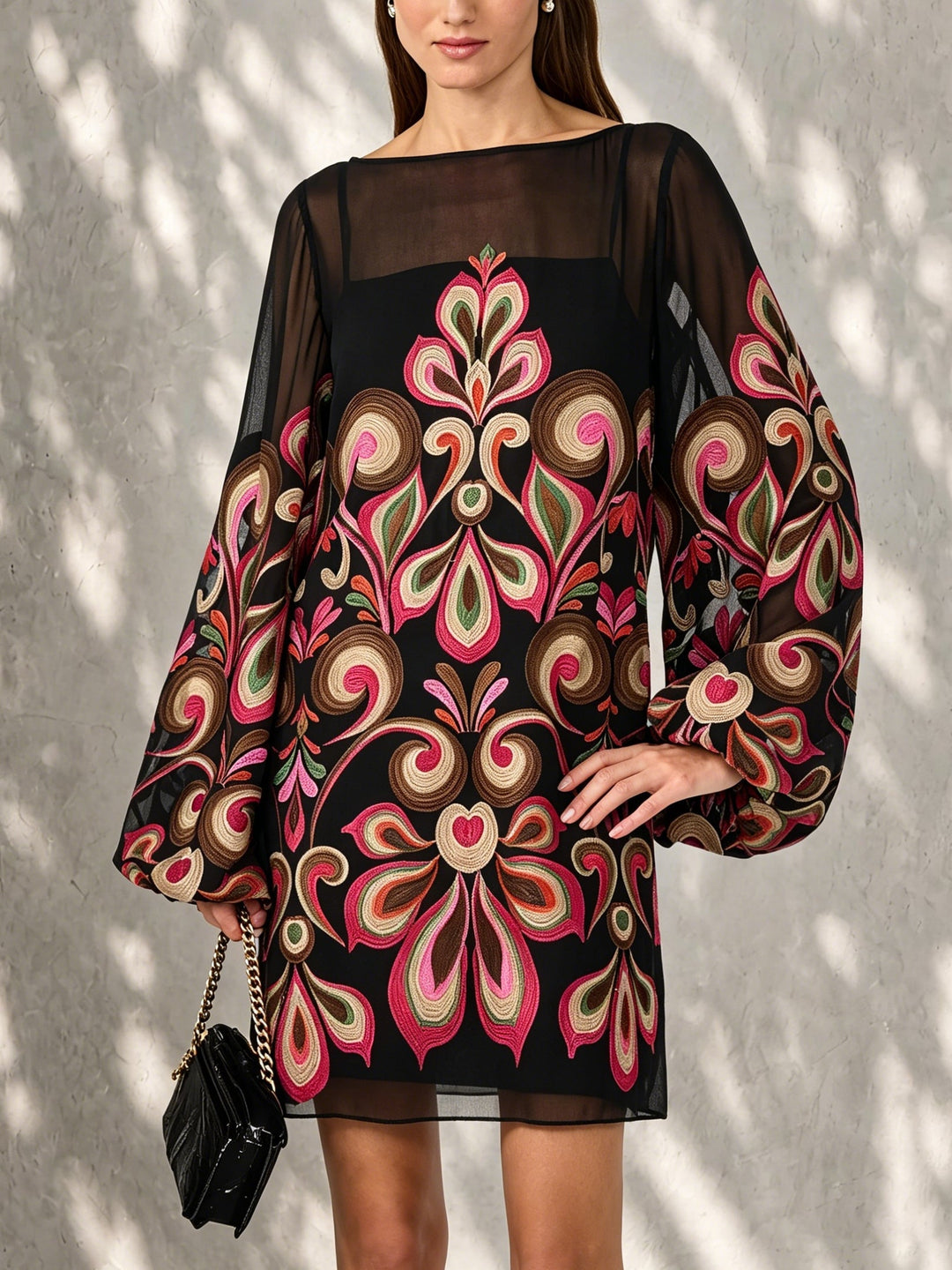 Elegant black floral mini dress for women with sheer balloon sleeves, ideal for parties & cocktails.