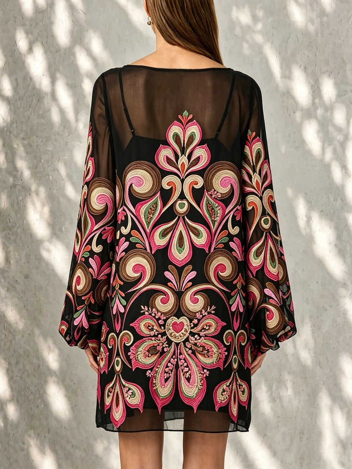 Chic women's black floral shift mini dress, featuring elegant sheer balloon sleeves.
