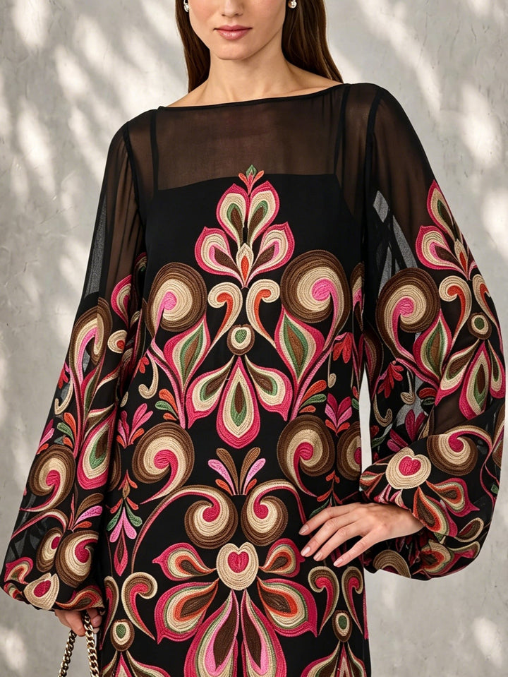 Black mini dress for women with an elegant floral print and stylish sheer balloon sleeves.