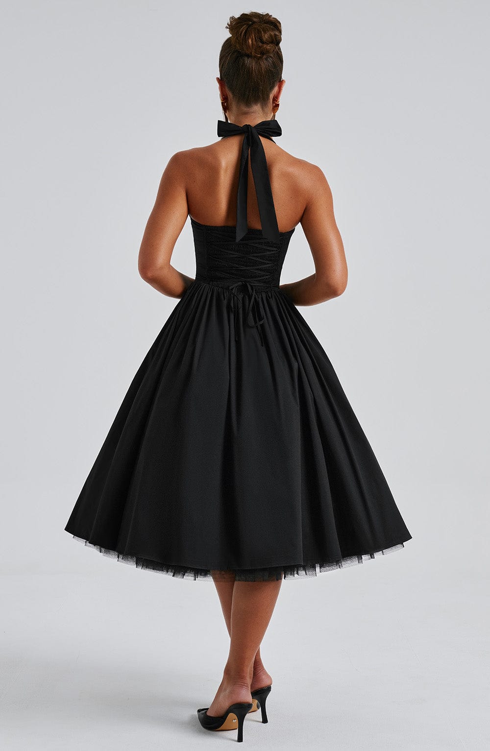 Halter neck midi dress, an elegant women's formal wear option, perfect for wedding guests