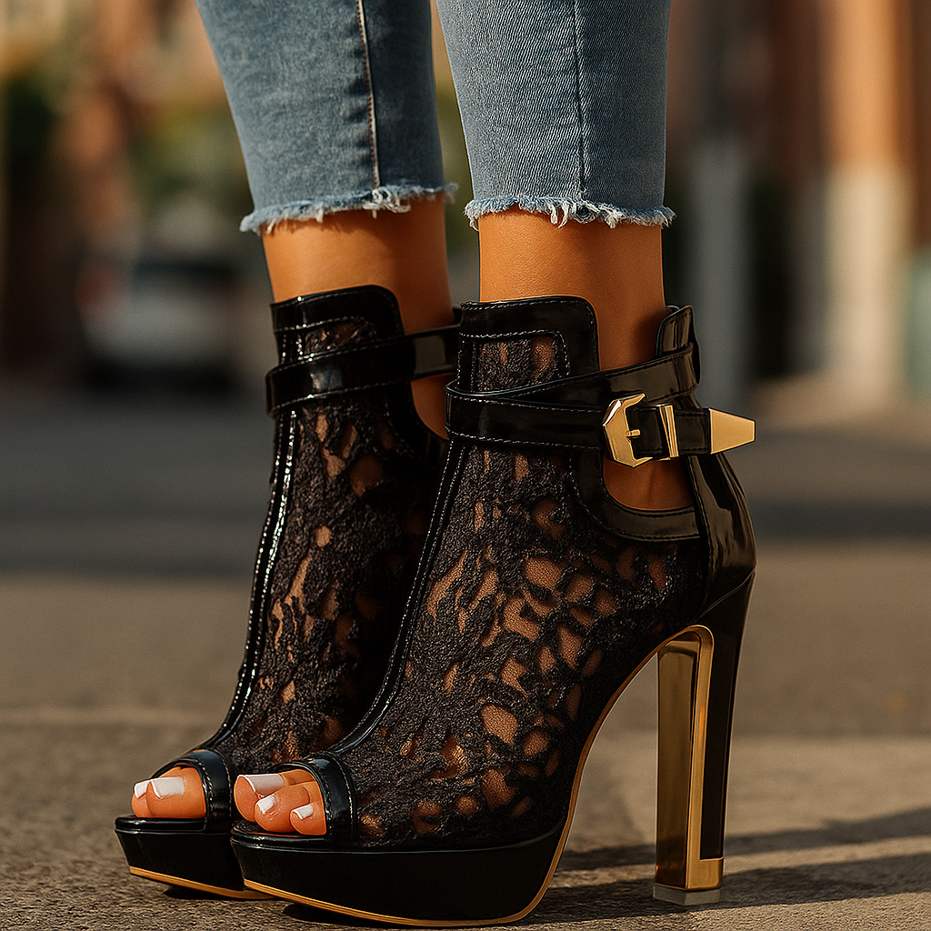 Women's sophisticated black platform high heels with delicate lace detail, ideal for formal events.