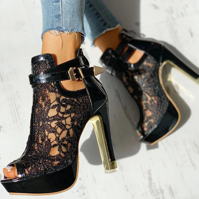 Sophisticated women's evening shoes: black platform high heels with exquisite lace detailing.